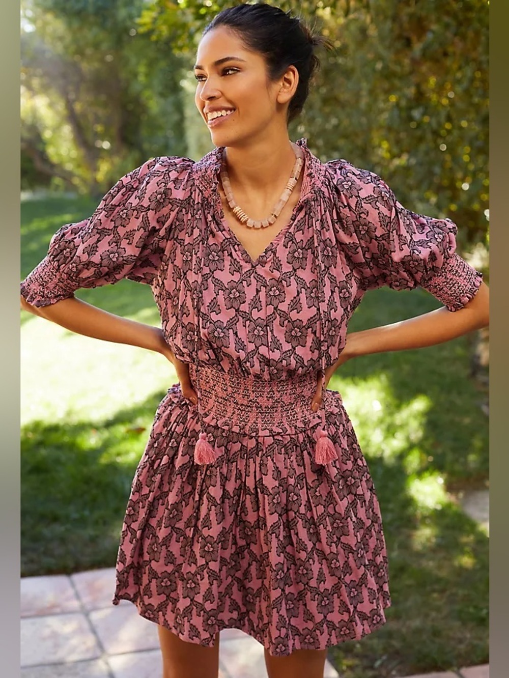 Anthropologie Roller Rabbit Smocked Waist Pink Floral Mini Dress